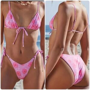 Pink Floral Triangle Tie Side Bikini Set